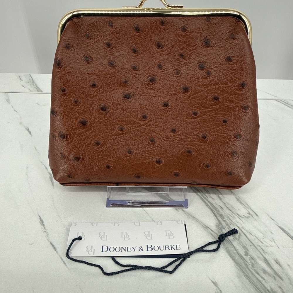 NEW Dooney & Bourke Ostrich Embossed Large Frame Coin Purse Brown DesignerLuxury - Picture 2 of 8